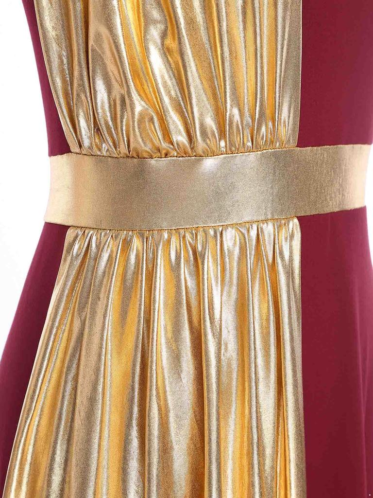 Womens Greek Roman Tunic Dress Square Neck Sleeveless Gold Trim Metallic Shiny Drape Robe Toga Halloween Costume