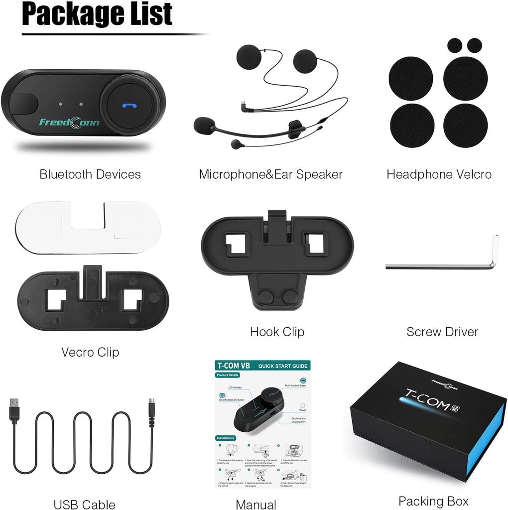 Freedconn TCOM-VB Motorcycle Incom, Music Sharing, Bluetooth 5.0, FM Radio, Supports Pairing with Other