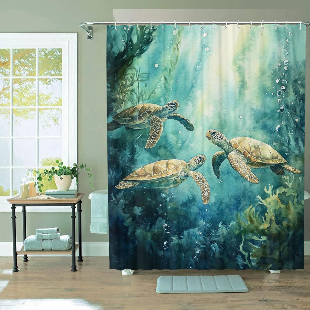 Ocean Turtle Theme Shower Curtain 12 Hooks For Room Home Hotel Washable Window Curtains Bathroom One Piece