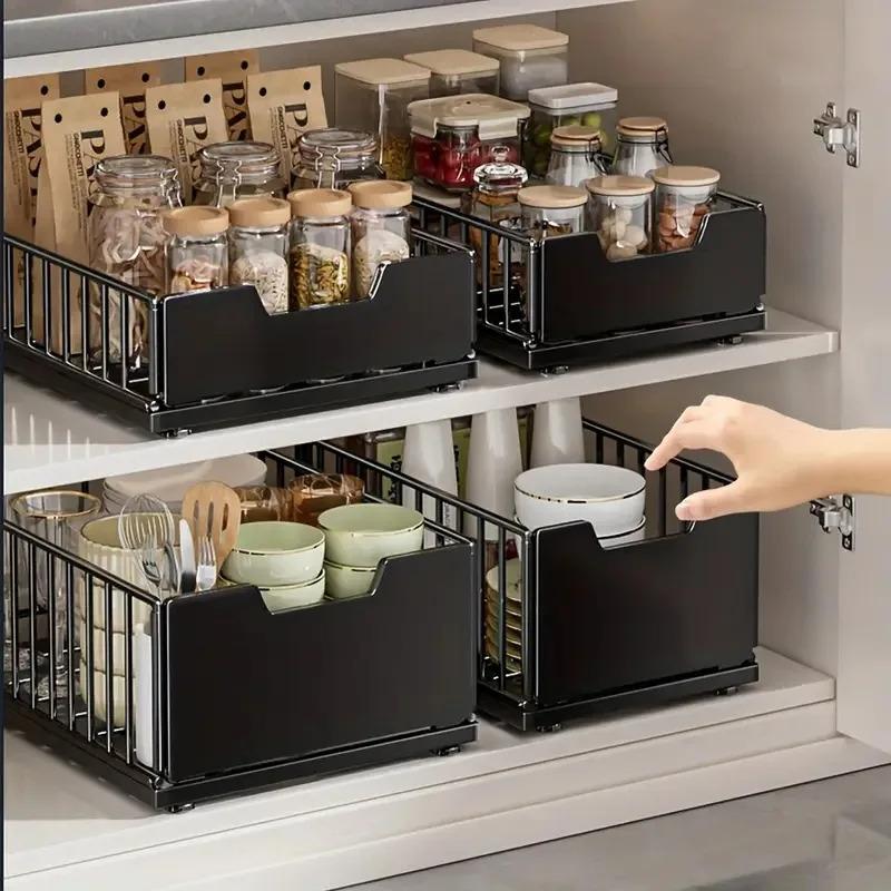 2pcs Pull-Out Under-Sink Storage Basket Foldable Sliding Drawer Organizer for Kitchen Cabinet Pantry Bathroom Accessories