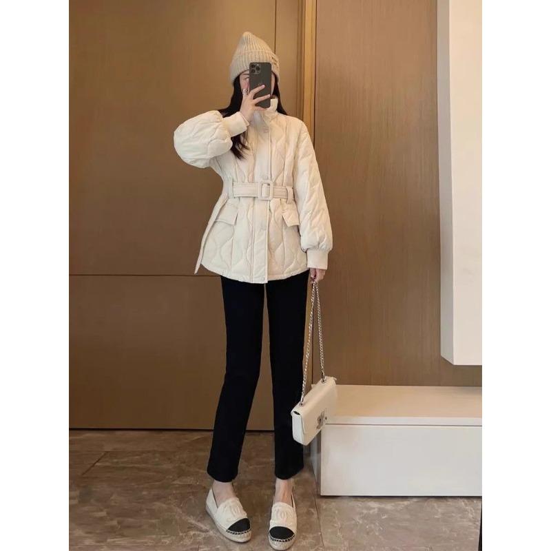Winter Warm Quilted Down Cotton Coat Women Thickened Slim Fit Waist Belted Fashion Jacket