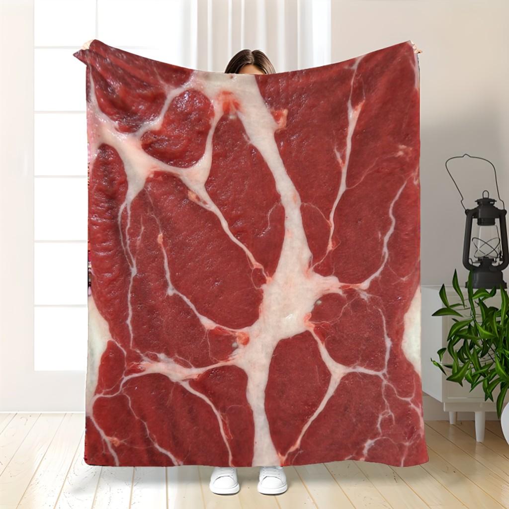 Five-Flavor Pork Pattern Blanket - Plush 280GSM Flannel All-Season Soft Warm Throw, Red Meat Texture Design with Fat Marbling - 30x40in