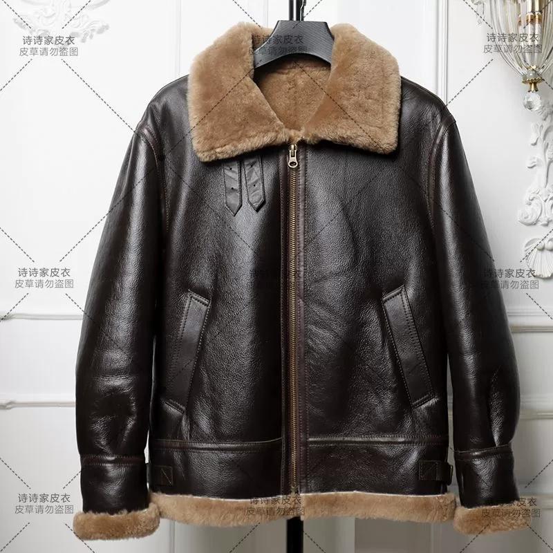 Thick Winter Genuine B3 Sheepskin Leather Jacket Mens Fur Coat Motorcycle Outerwear