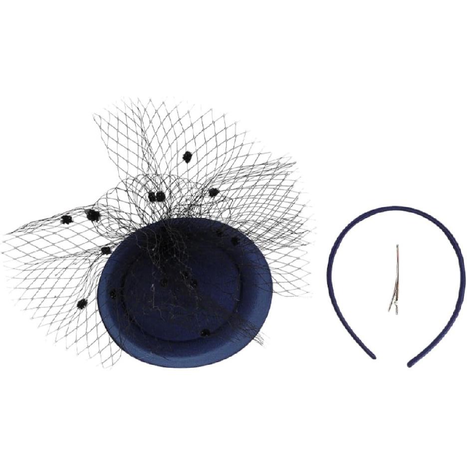 Navy Blue Fascinator Hat with Veil Mesh, Headband and Clip for Women, Dressy Tea Party and Wedding Accessory, Fashionable Cocktail Hat for Special