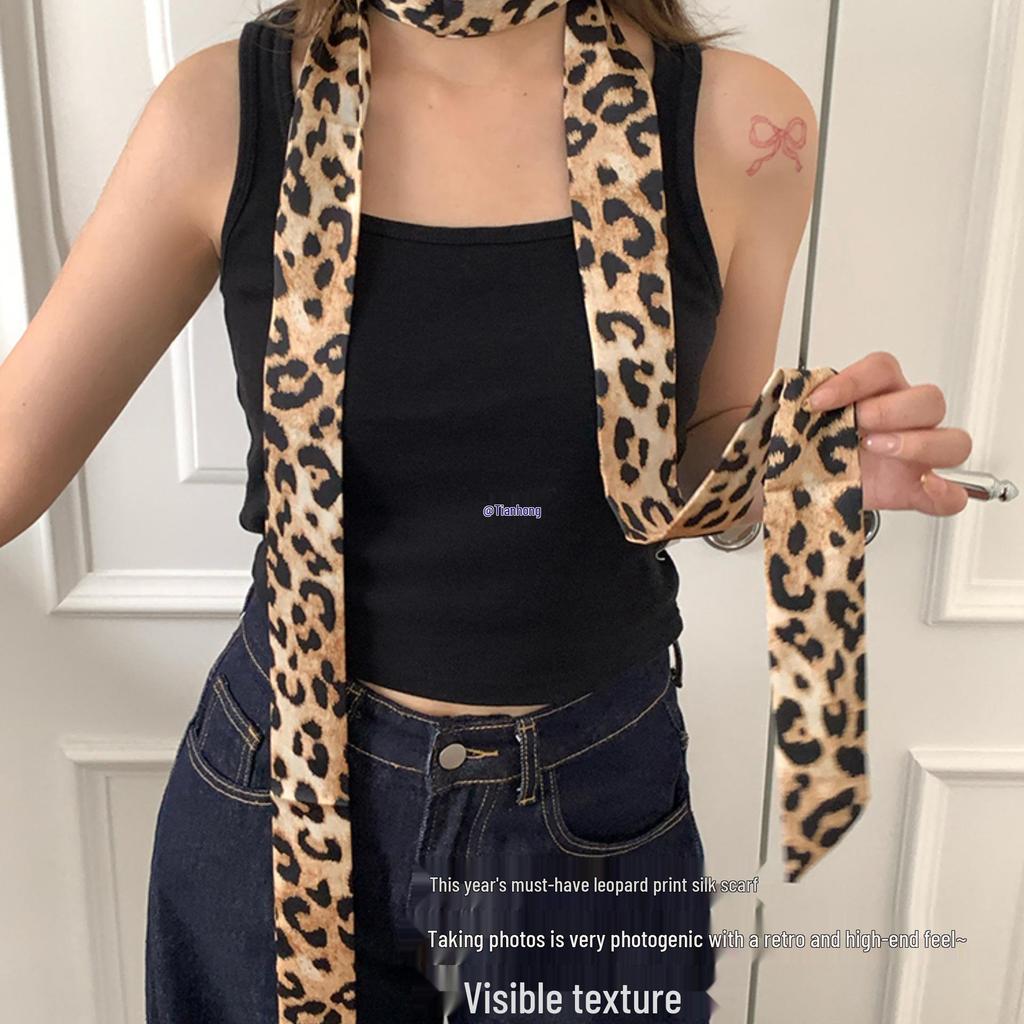 Women's Retro Leopard Print Thin Silk Scarf Hair Tie Headband Accessory