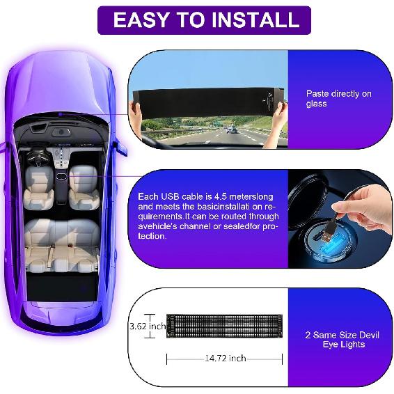 Devil Eyes Light For Cars (2-Pack) – 15''X4'' Dual LED Eyes For Car Windshield | Perfect Sync, Programmable Patterns, App/Remote Control | For