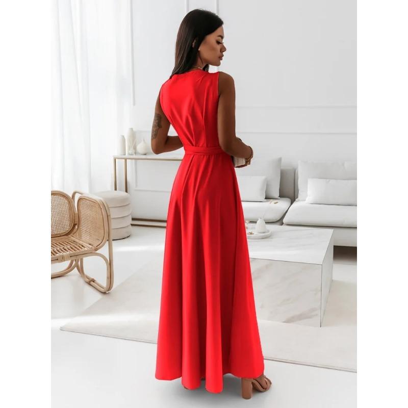 YYFS Women's Fashion Summer Spring Solid Color Print Sleeveless V-Neck High Waist Casual Dresses