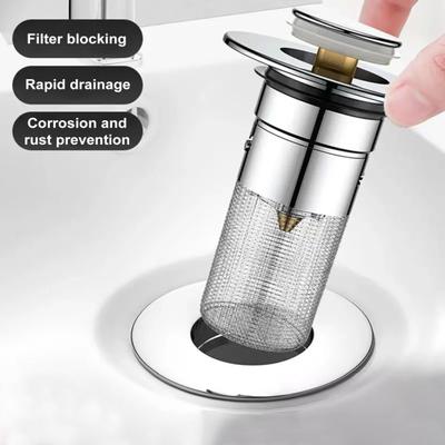 Pop-Up Bathroom Sink Stopper with Anti-Clogging Basket Universal Drain Strainer for 1.1-1.45 In U.S. Standard Drain Holes Leaking Plug Hair Catcher