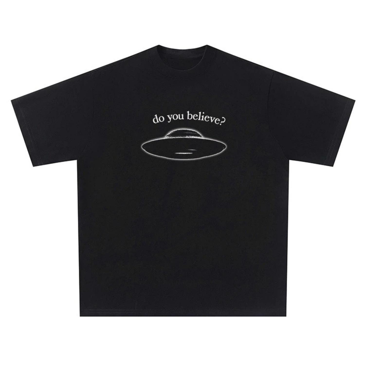 

2025 Winter and Autumn 200 Grams Heavyweight Pure Cotton! Vintage UFO Printed Short-sleeve Graphic Oversized T Shirt Tops Tees S чёрный