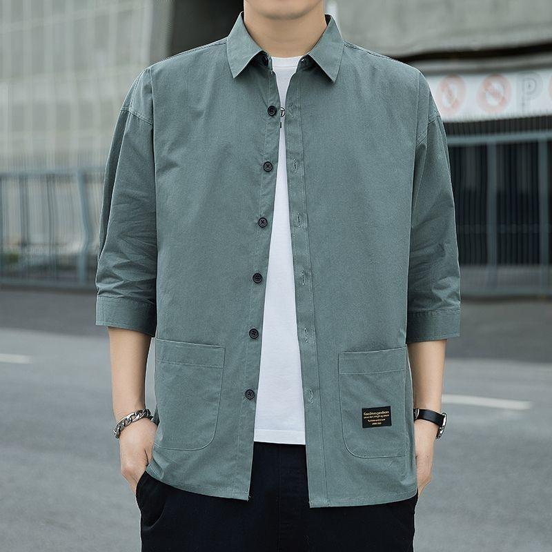 Men's Pure Cotton Seven-Sleeve Shirt - Spring/Summer Solid Color, Loose Fit, Trendy Casual Workwear with Versatile Pocket.