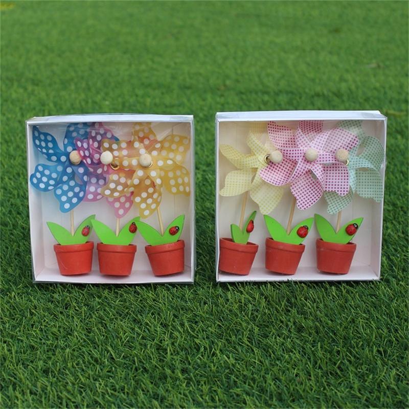 3Pcs Colorful Small Windmills with Flowerpots Ornament Desktops Decorations Cute Pinwheels Garden Lawn Kids Photo Props