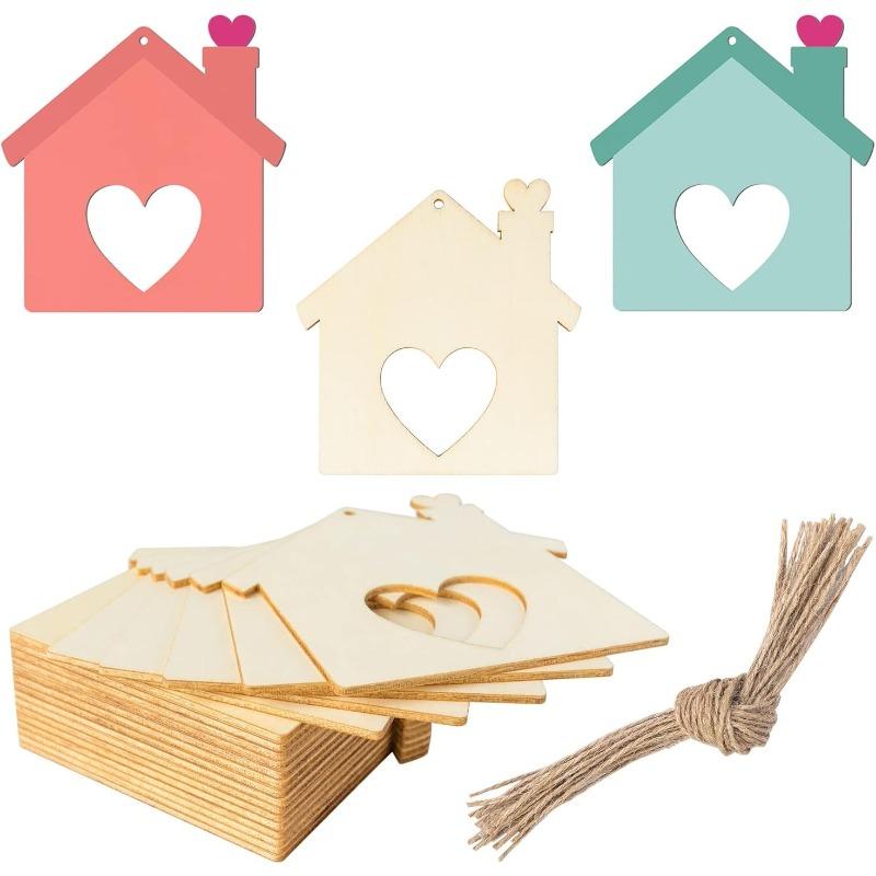 10pcs House Shape Wooden Tag Hanging Heart Wood Cutout Wooden Tags for Christmas Valentine's Day Holiday Wedding
