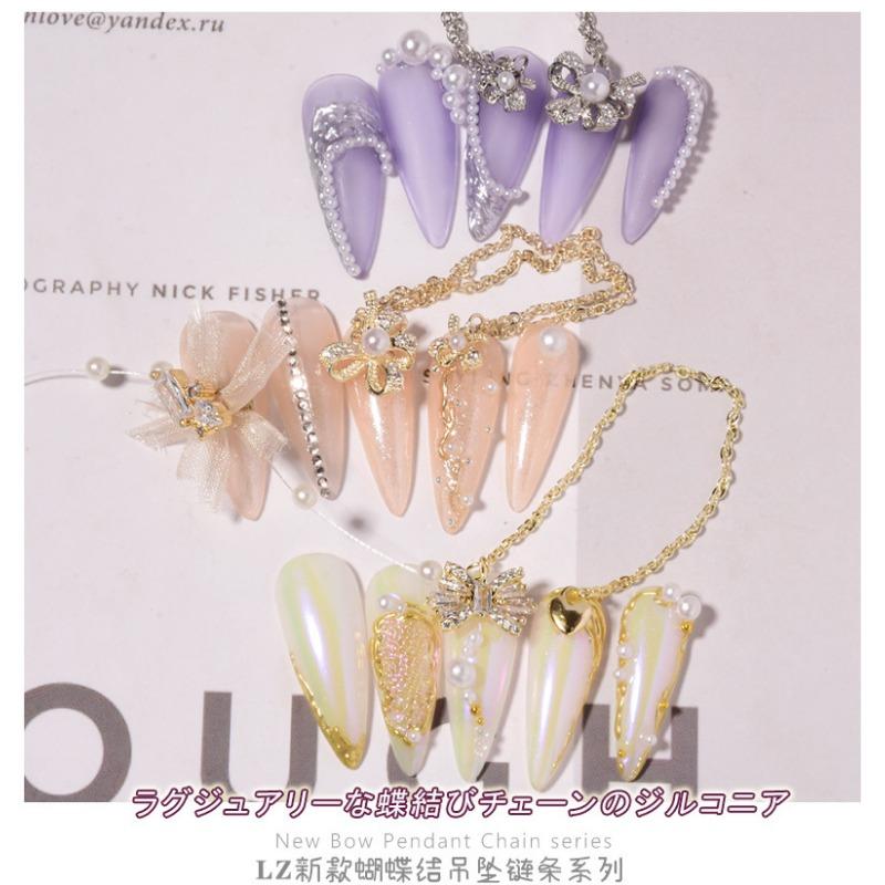 Nail Art Zircon Plated Real Gold Chain Jewelry Pearl Pendant Gold Bow Zircon Chain