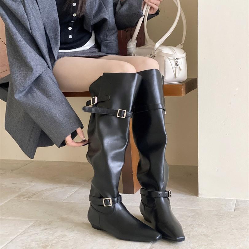 2025 Autumn and Winter New Big Tube Circumference Stacking Boots Thick Heel Pointed Belt Buckle High Tube Knight Boots Spice Girl Wide Tube Boots