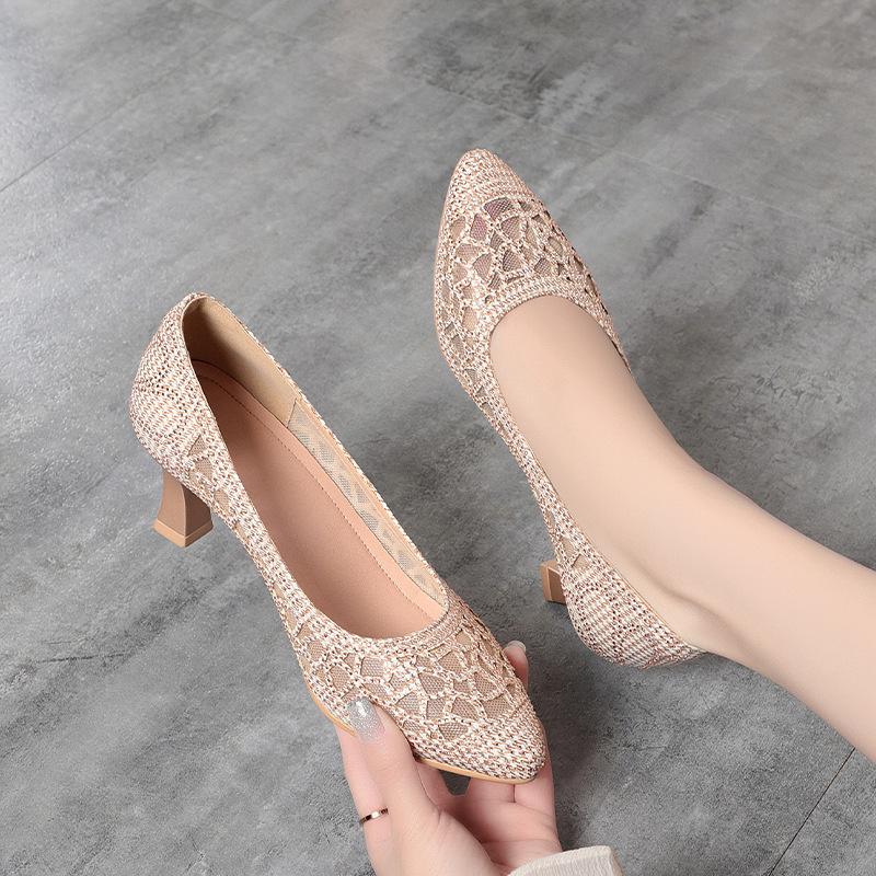 Fashion Summer Single Shoes Mesh Breathable Versatile High Heels Women's Shoes Middle-Aged Temperament Pointed Toe Shallow Mouth Shoes