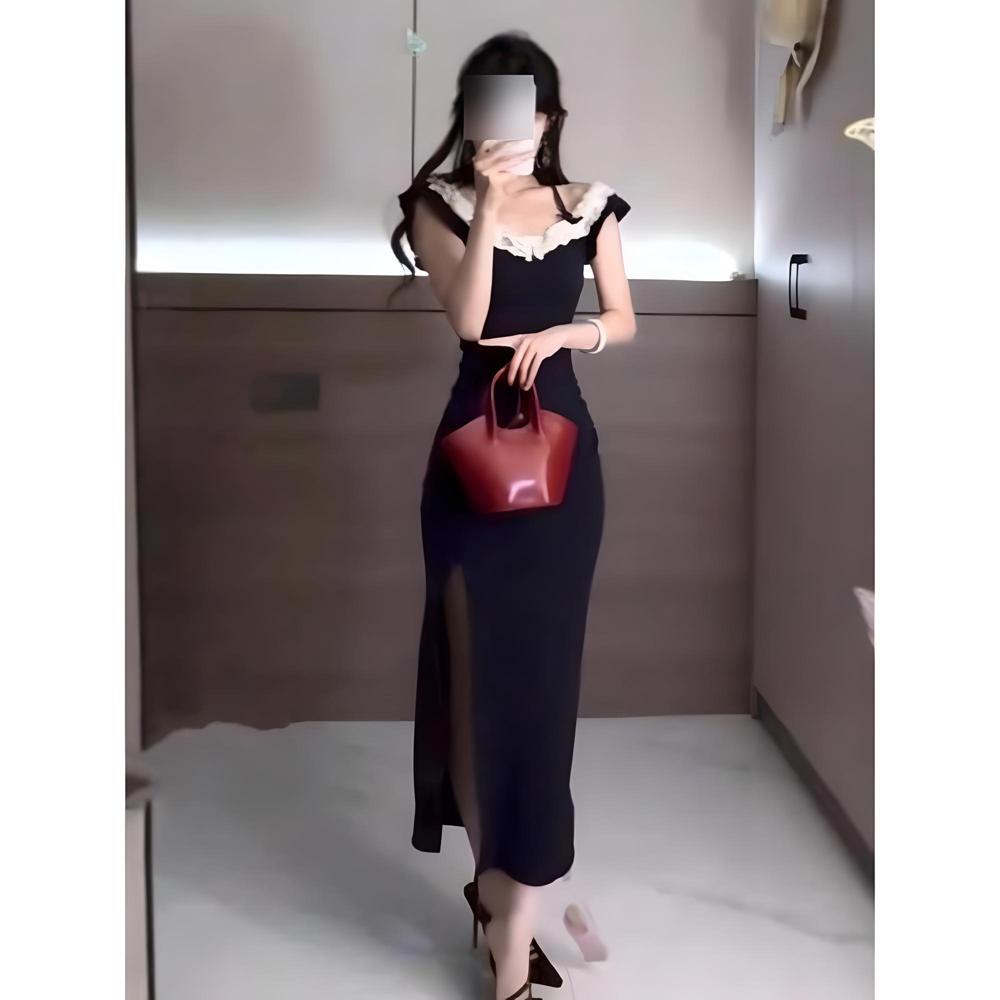 Lace Splicing Neck One-word Shoulder Dress Women's Summer Niche Slim and Thin Waist and Hip Long Dress