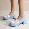 Fashion Luxury Designer Leather Women Pumps Chunky Platform Mules Shoes for Women Cute Lolita Style Tide Golden Buckle Mary Jane Shoes