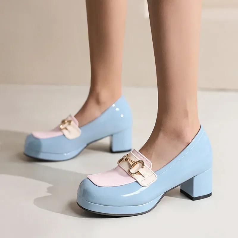 Fashion Luxury Designer Leather Women Pumps Chunky Platform Mules Shoes for Women Cute Lolita Style Tide Golden Buckle Mary Jane Shoes
