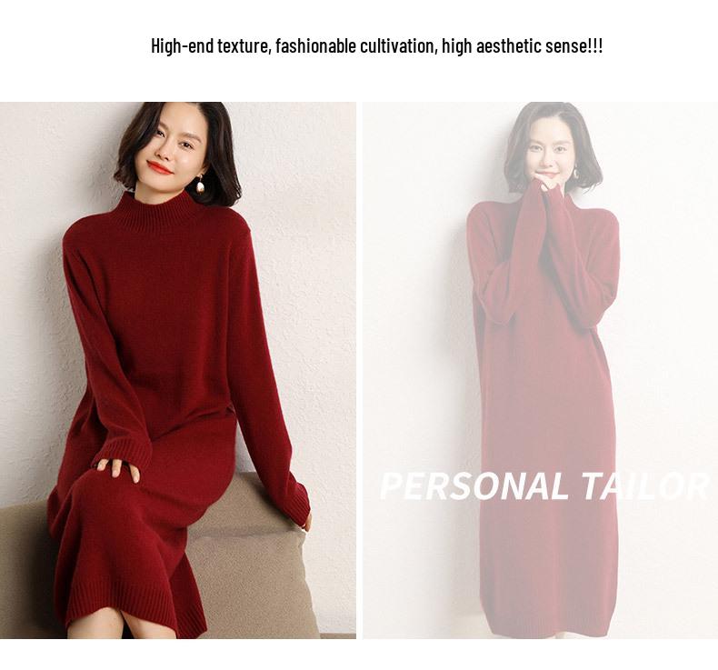 Fall/Winter Cashmere Over-the-Knee Long Skirt Dress with Half-High Collar – Loose, Casual Knit Style