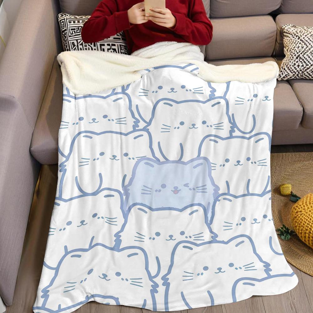 Blue Kitty Crowd Flannel Blanket Warm Soft Halloween Christmas Couch Warm Cozy Decorative Decor Gift for All Season