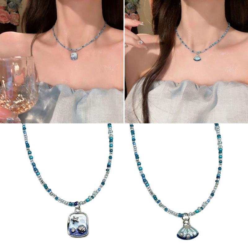 Unique Beach Style Beaded Necklace Blue Shell Pendant Detail Clavicle Chain Adjustable Length Neckchain