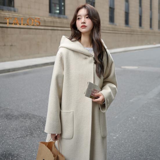 Women Winter Overcoat Hooded Pockets Pure Color Open Stitch Cardigan Mid Length Coat Thermal Long Sleeves Commuting Dating Winter Coat