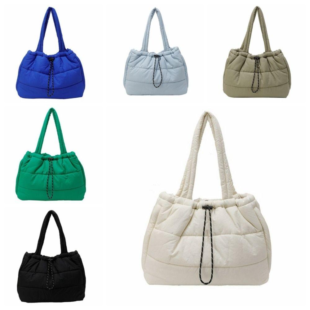 Versatile Puffy Quilted Tote Bag Down Large Capacity Underarm Bags Drawstring Shoulder Bag Casual