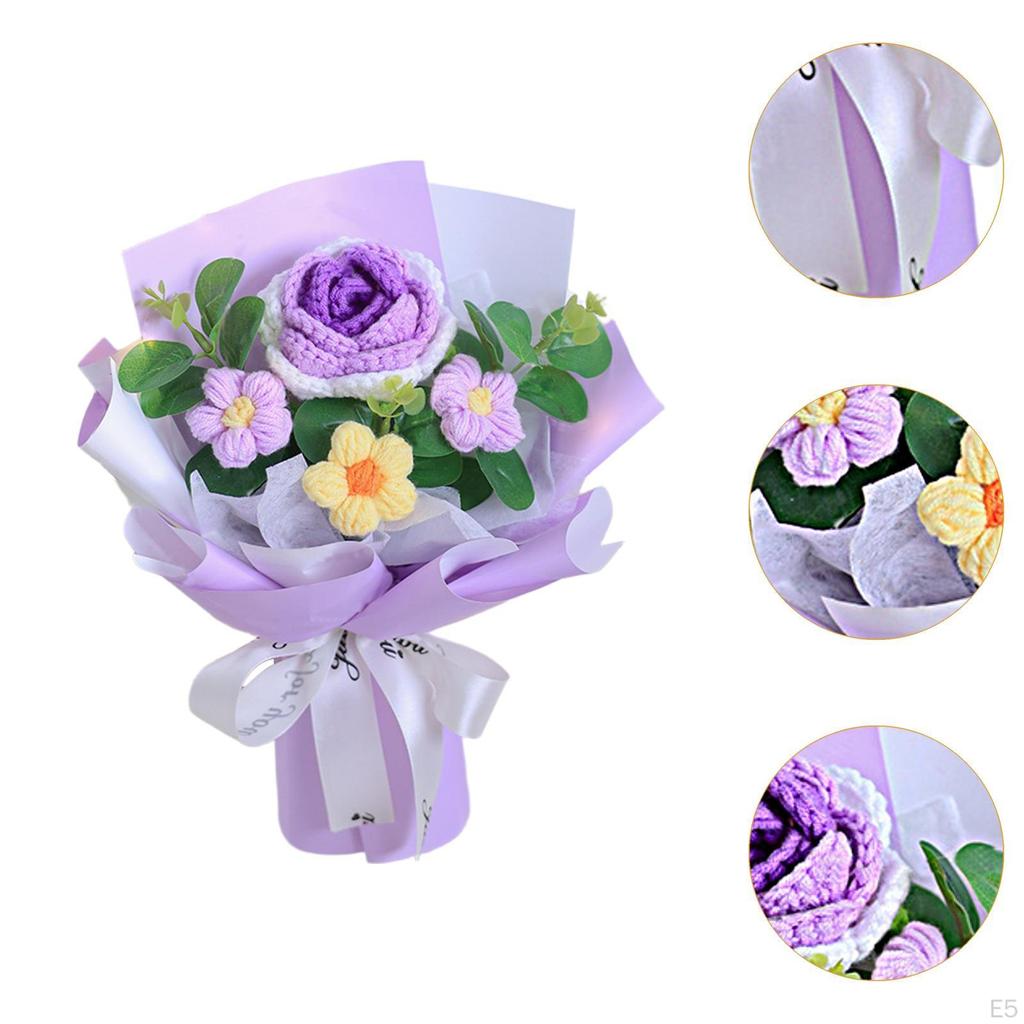 Completed Crochet Flower Bouquet Artificial Eucalyptus Leaves Ornament Handmade Knitted for