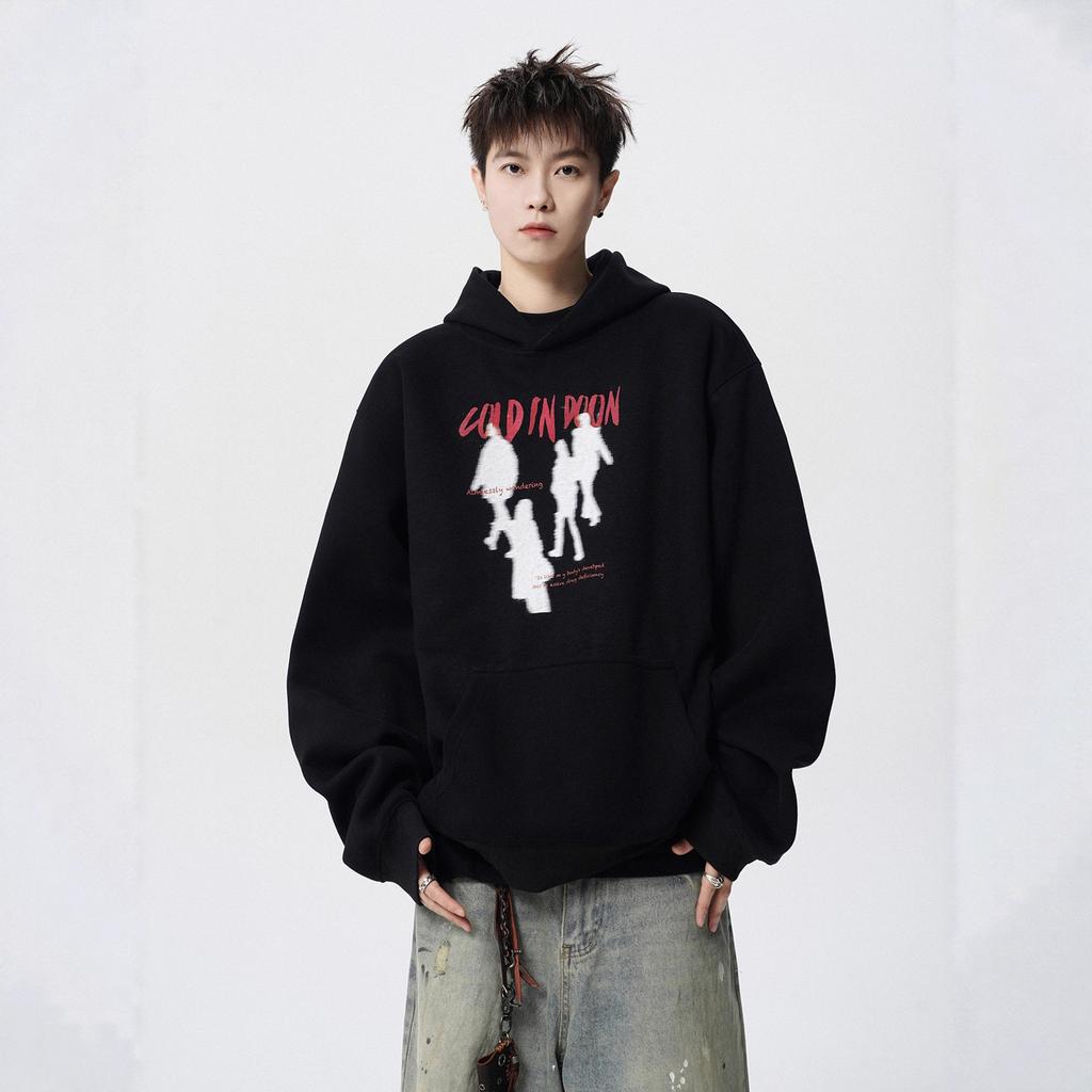 Hiphop Hooded Sweatshirt Men's Autumn Printed Velvet Hoodie Loose Lazy Couple Coat