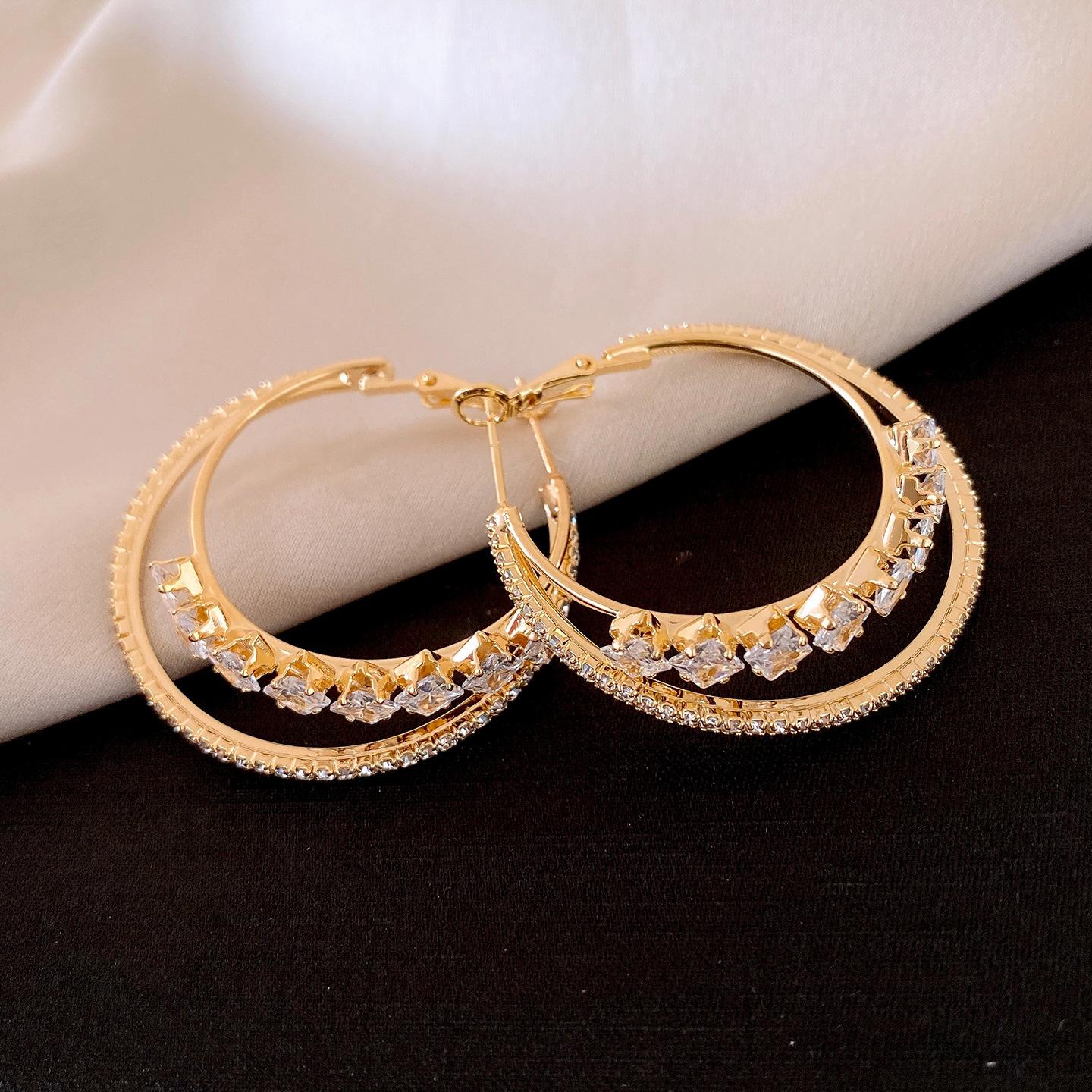 Real gold zircon round double pendant earrings earrings temperament fashion earrings women