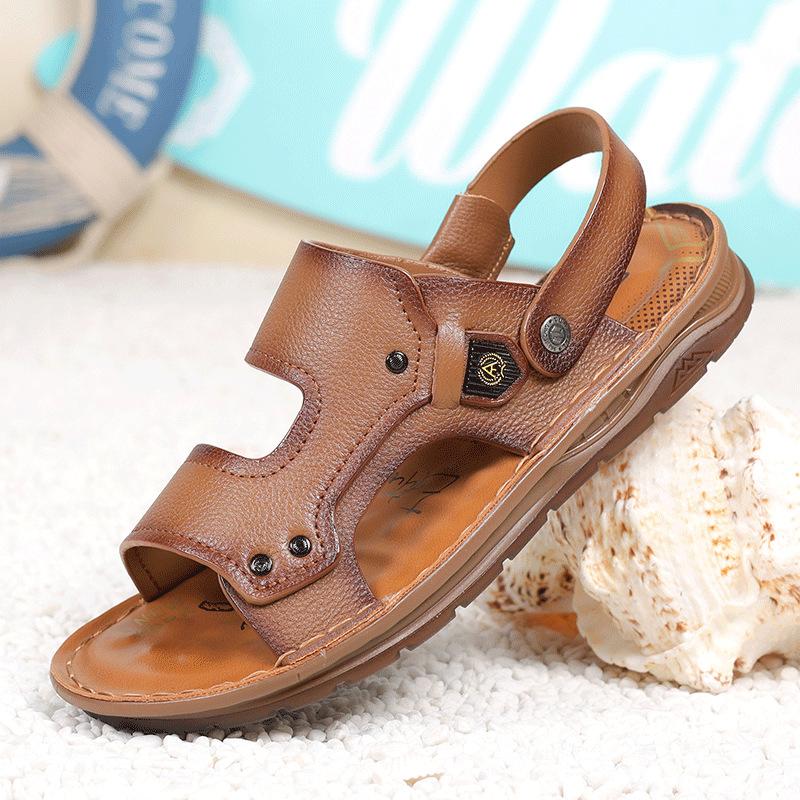 

Мужские летние сандалии из коровьей кожи первого слоя, новая повседневная обувь двойного ношения для пляжа, мужские кожаные нескользящие молодые крутые шлепанцы 44