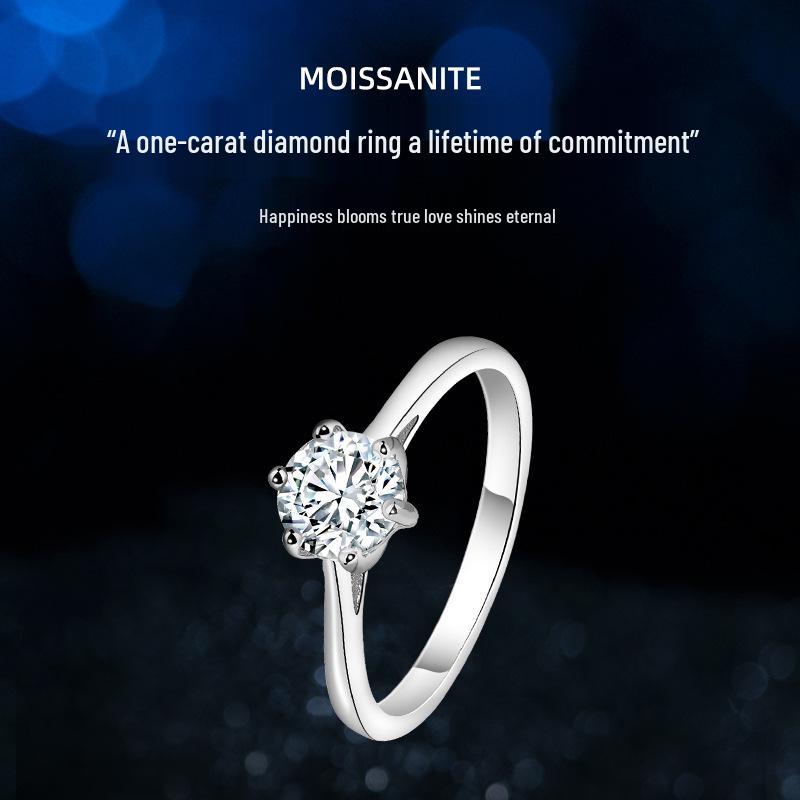 Sterling Silver Six-Prong Moissanite Ring: Non-Fading 925 Silver Pinky Ring for Men & Women, 18K Gold Accents