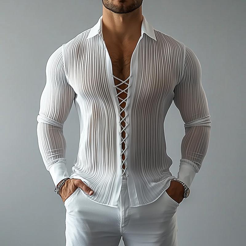 Autumn and Winter European and American Men s Lapel Strap Design Shirt Hollow Ascetic Style Textured Men s Shirt S белый