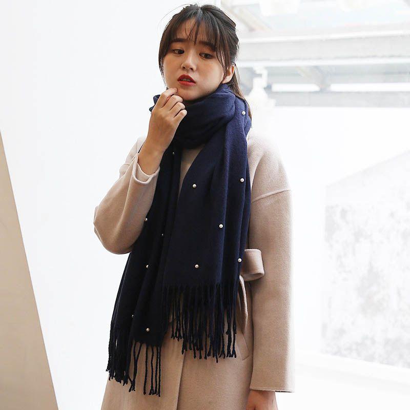 Women Elegant Knitted Solid Scarf With Pearls And Long Tassels For Winter Warmth