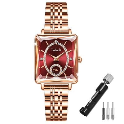 Gold Square Wristwatch with Stainless Red Women's Diamonds, Waterproof, Simple, Stylish, Casual, Business, Steel, Small, Luxury, Gift,