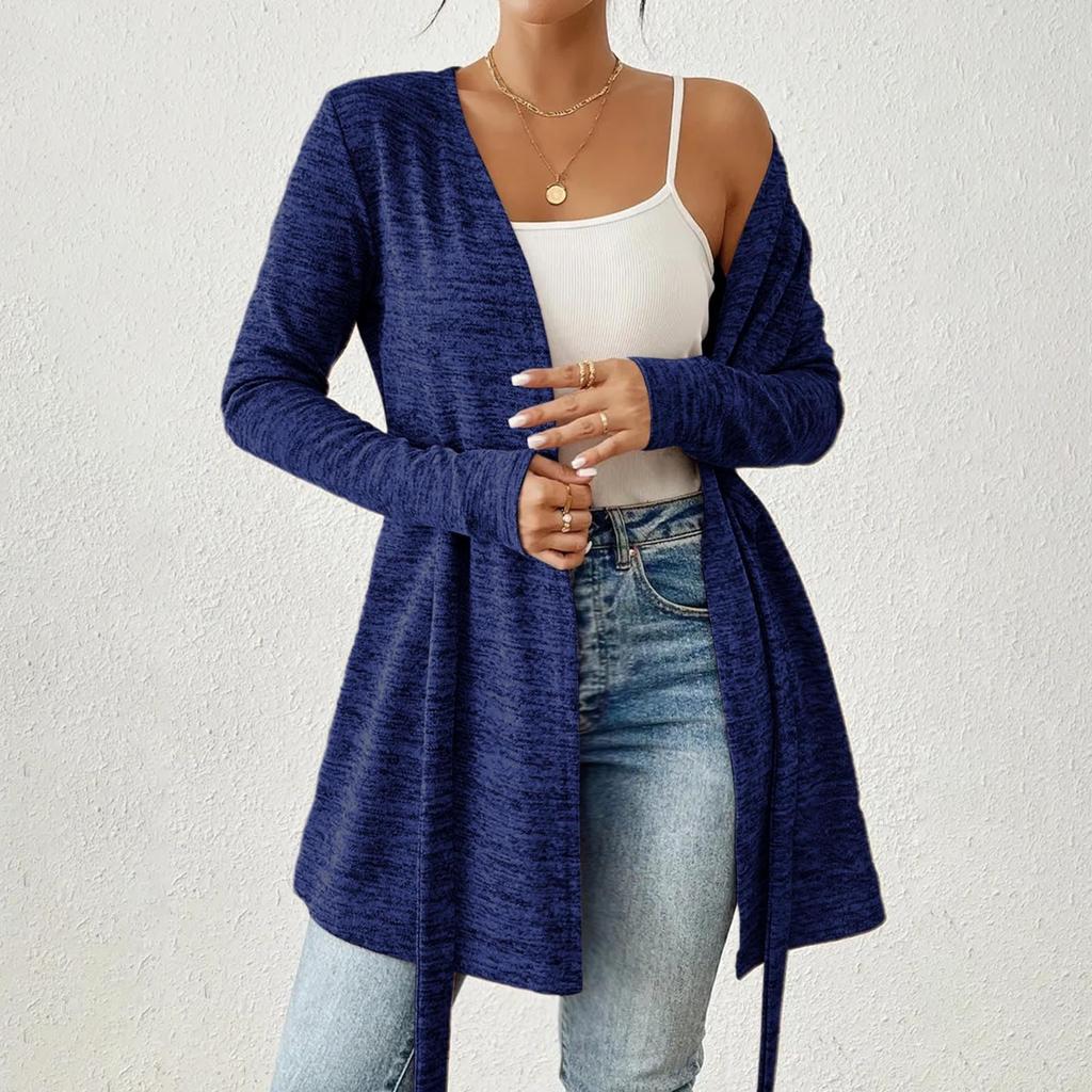 Women's Fashion Solid Color Long Sleeve Tie Casual Loose Cardigan Tops Jacket