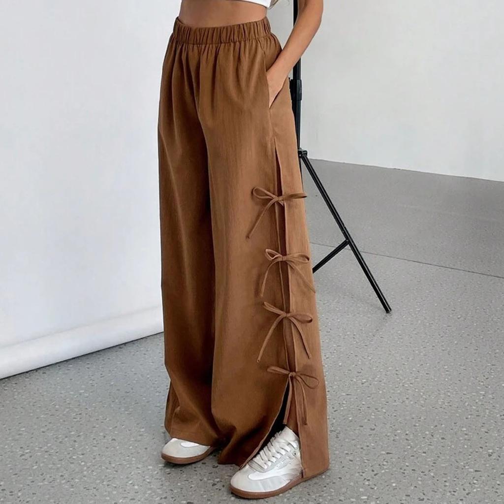 Women's Summer Casual Long Pants Solid Color Elastic Waist Wide Leg Pants