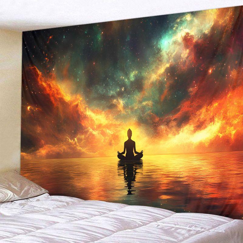 Galaxy Sunset Yoga Meditation Silhouette Wall Tapestry Orange Red Cosmic Nebula Water Reflection Starry Sky Zen Bedroom