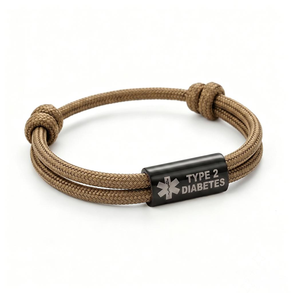Bracciale Diabete di Tipo 2 Acciaio Inossidabile Barra Incisa Corda di Nylon Intrecciata Doppia per Uomo Donna