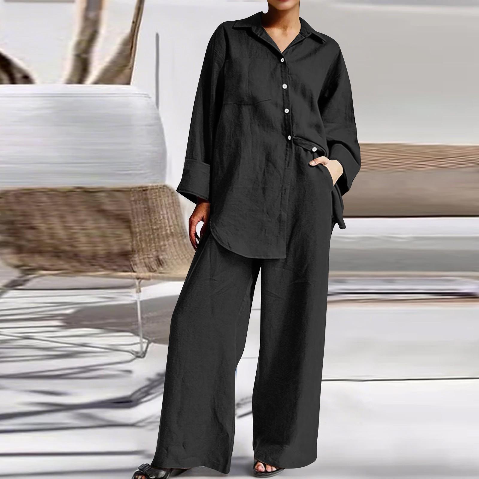 

Женская мода повседневная рубашка с рукавом девять минут свободные брюки два комплекта S чёрный