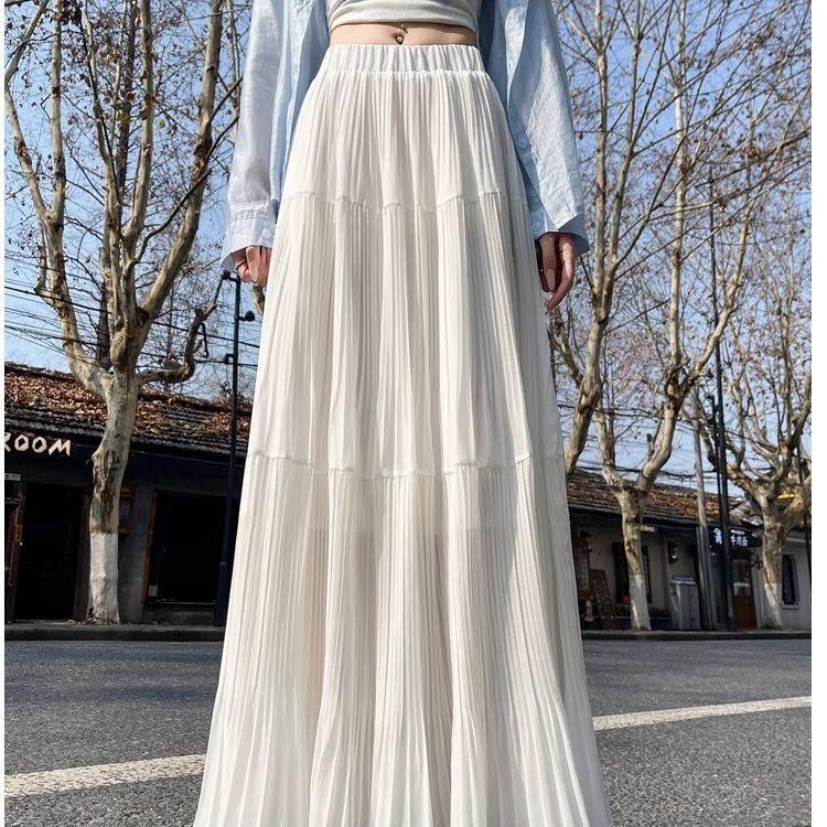 Spring Summer Women Skirts Vintage High Waist Elastic Patchwork Long Cake A-line Skirt Long Skirts for Women