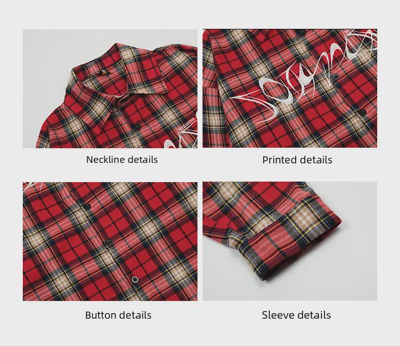 Men's Retro Red Plaid Embroidered Shirt - American Style, Loose Fit, Long Sleeve, Sun Protection