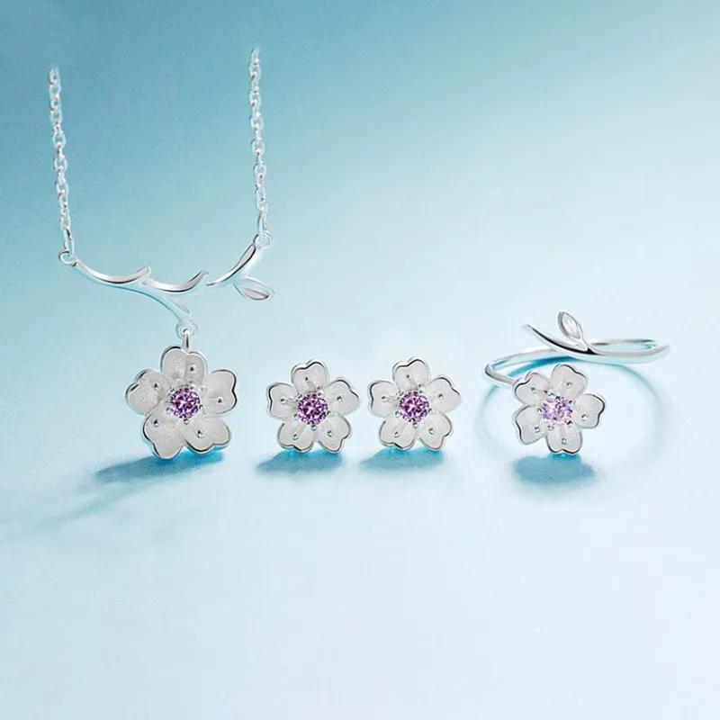Silver Cherry Blossom Flower Cubic Zirconia Stone Jewelry Sets for Women Floral Necklace Bracelet Earring Ring Wedding Set