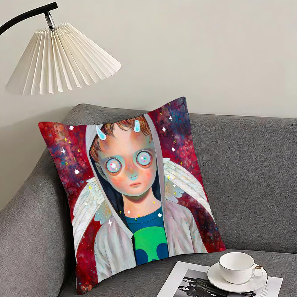 H-Hikari Shimoda IllustrationS Cushion Cover Reversible Plush Pillow Cover – For car, sofa, bedroom, perfect as a gift. 12x12Inch