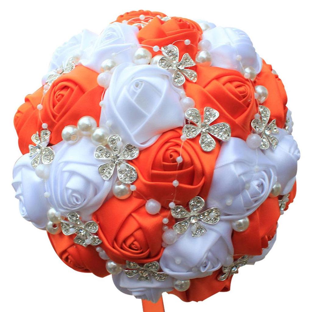 European & American Elegant Ribbon Flower Bridal Bouquet – Beaded Five-Flower Design
