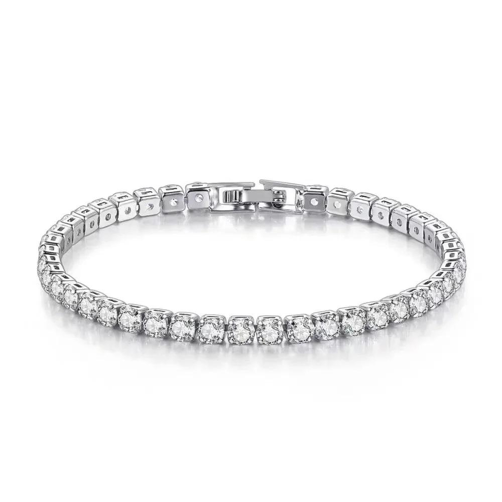 

925 Sterling Silver Jewelry 4MM Tennis Bracelet Inlaid with Zircon, Luxury Banquet Engagement Party Gift for Women 17cm серебряный