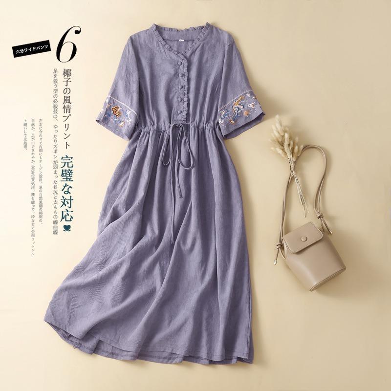 Ethnic Style Linen Cotton Embroidery Dress Summer Long Over Knee Linen Temperament Long Skirt Loose Mori