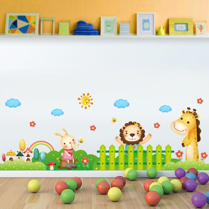 Happy Animal Wall Stickers for Kids Room Waterproof PVC Removable Mural Nursery Living Room Home Decor Skirting Board Decals