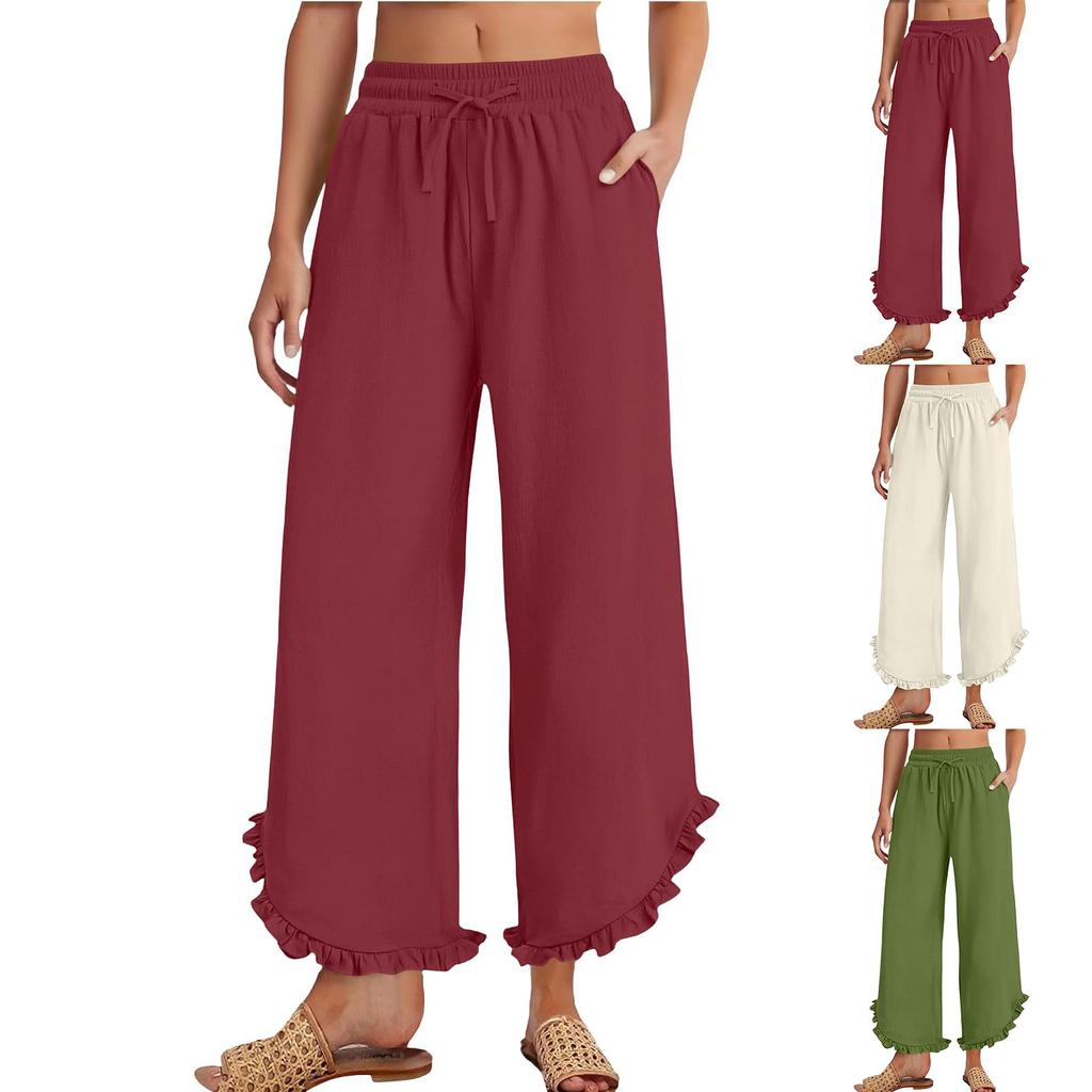 Linen Casual Wide Leg Pants For Women Elastic Waist Versatile Business Casual Work Palazzo Trousers With Pockets