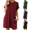 Spring Summer Solid Color Round Neck Pocket Loose Short Sleeved Dress